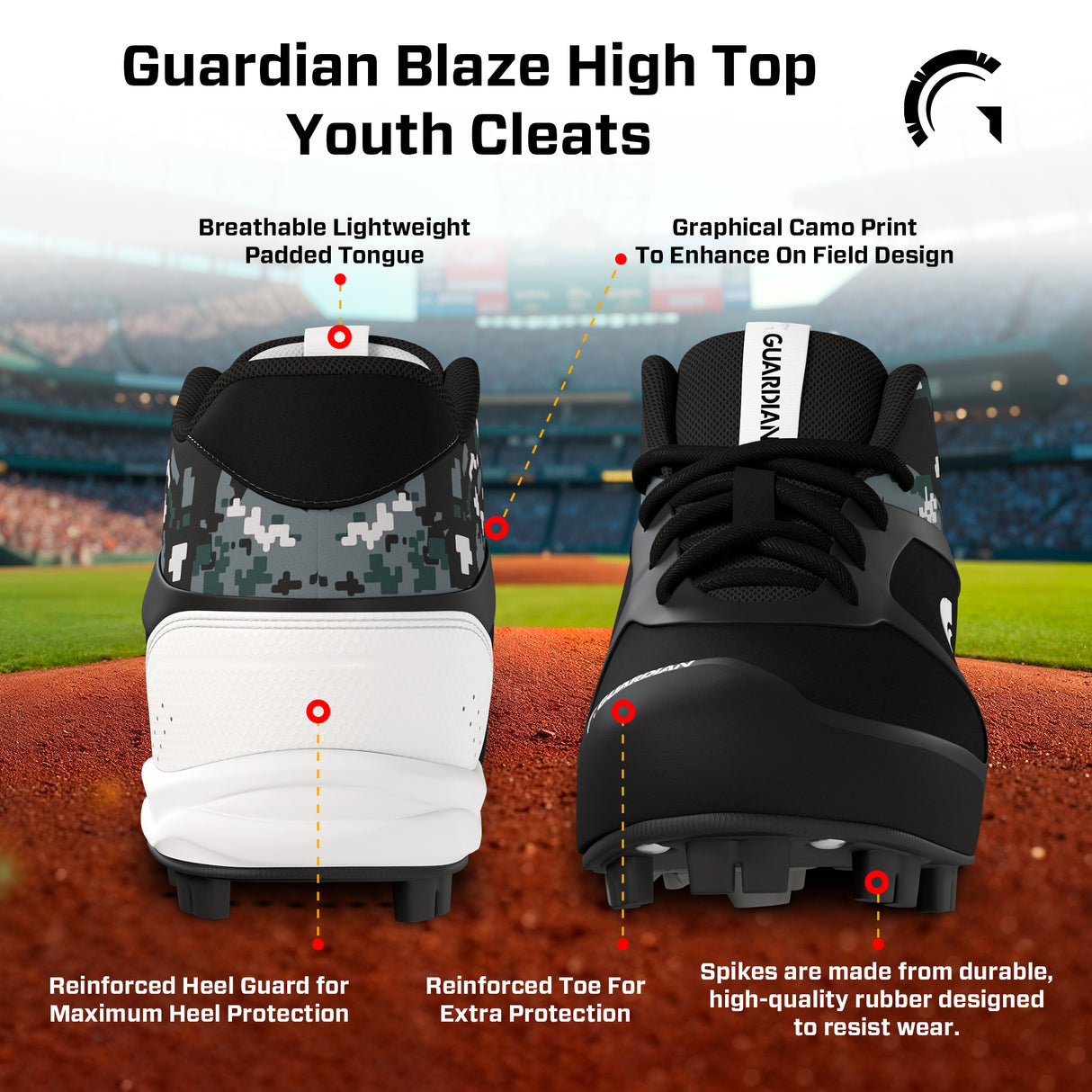Blaze Youth Hi Top Rubber Molded Baseball and Softball Cleats (Black/Grey/White)