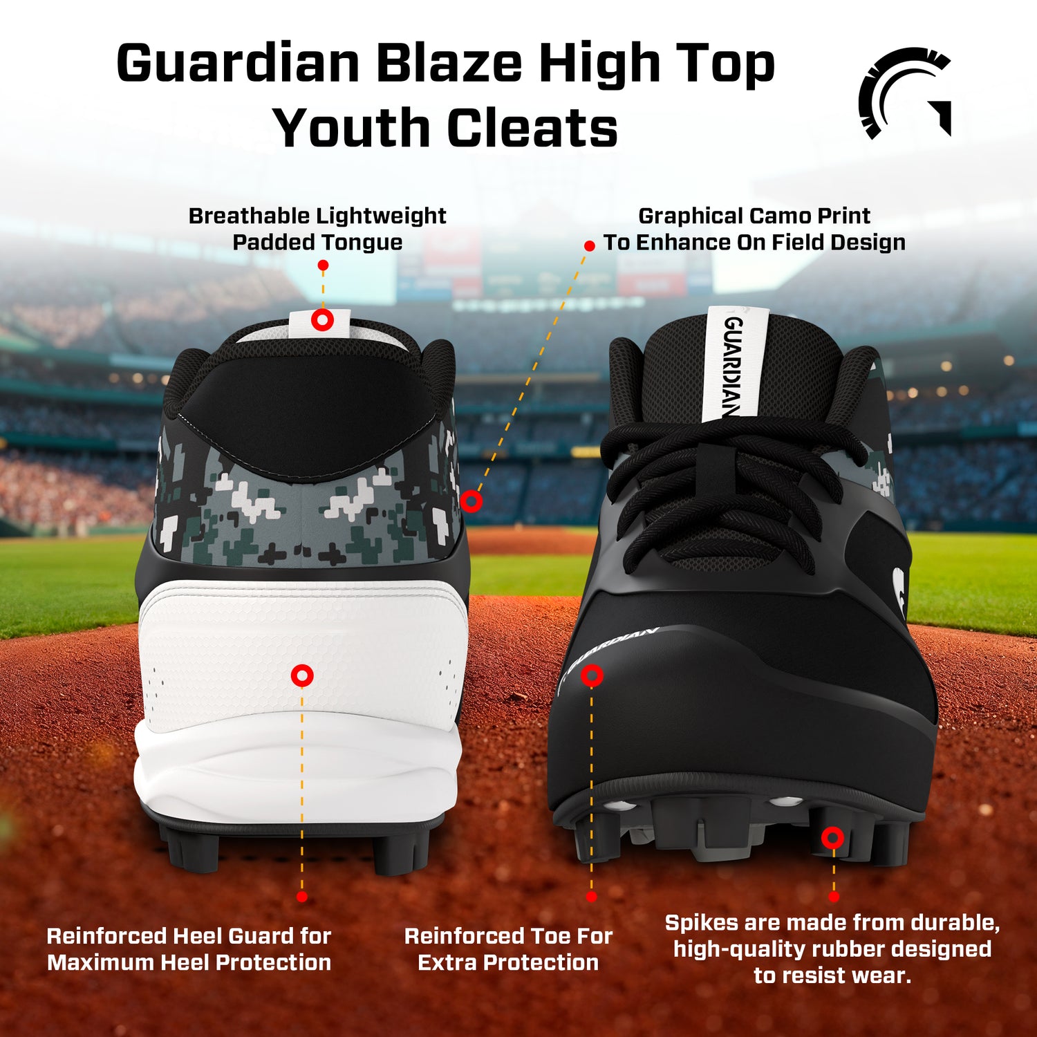 Blaze Youth Hi Top Rubber Molded Baseball and Softball Cleats (Black/Grey/White)