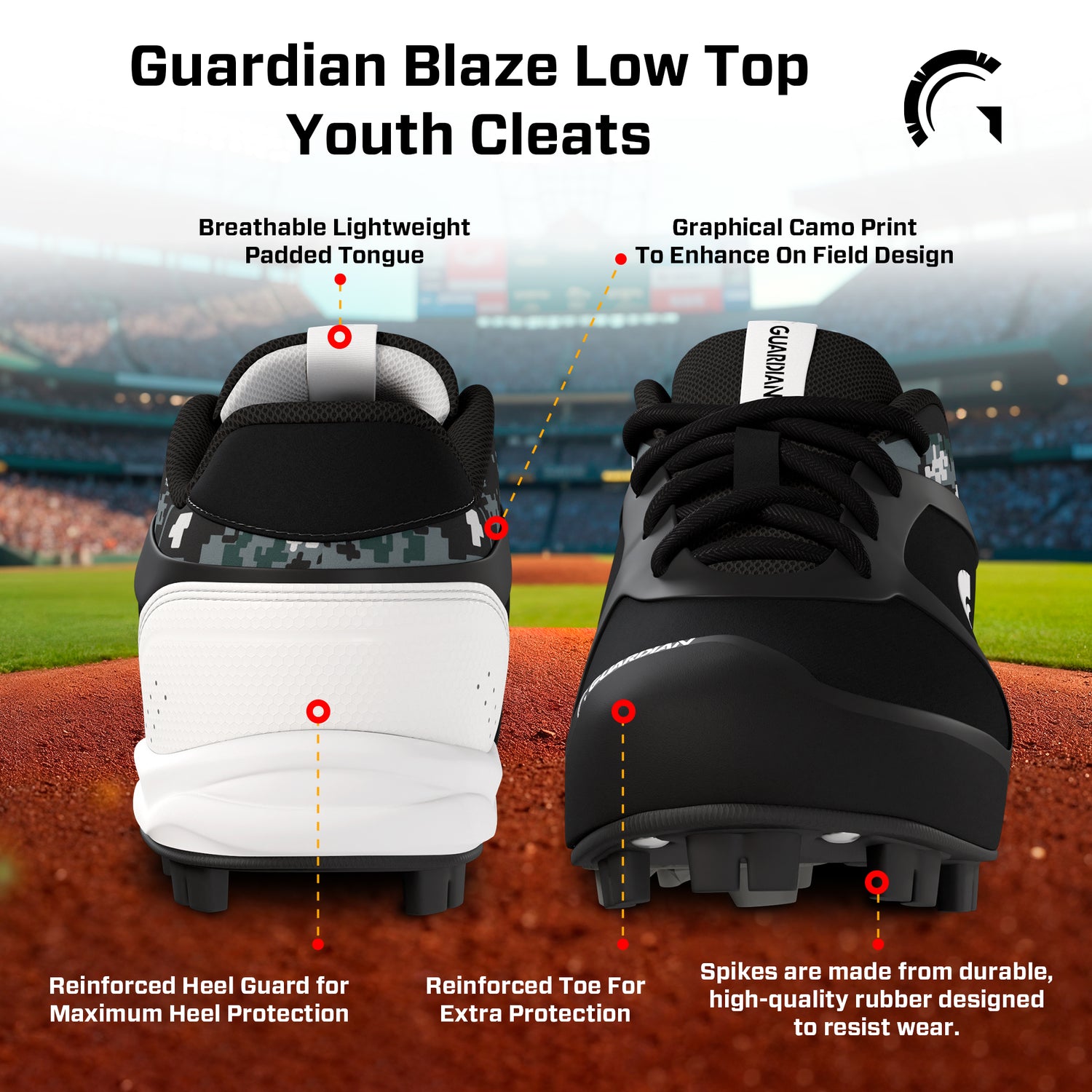 Blaze Youth Low Top Rubber Molded Baseball and Softball Cleats (Black/Red)