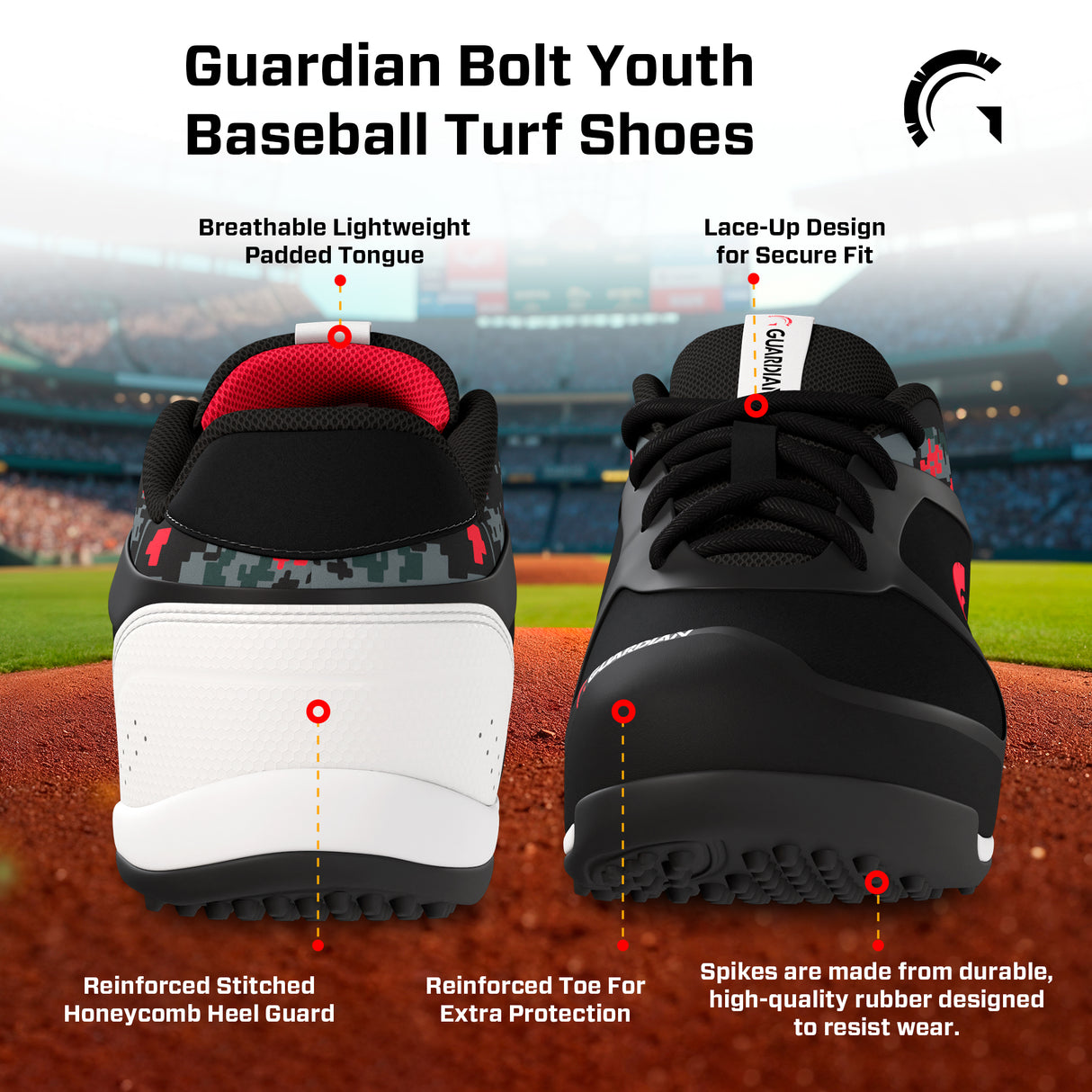 Bolt Youth Low Top Turf Baseball and Softball Shoes (Black/Red)