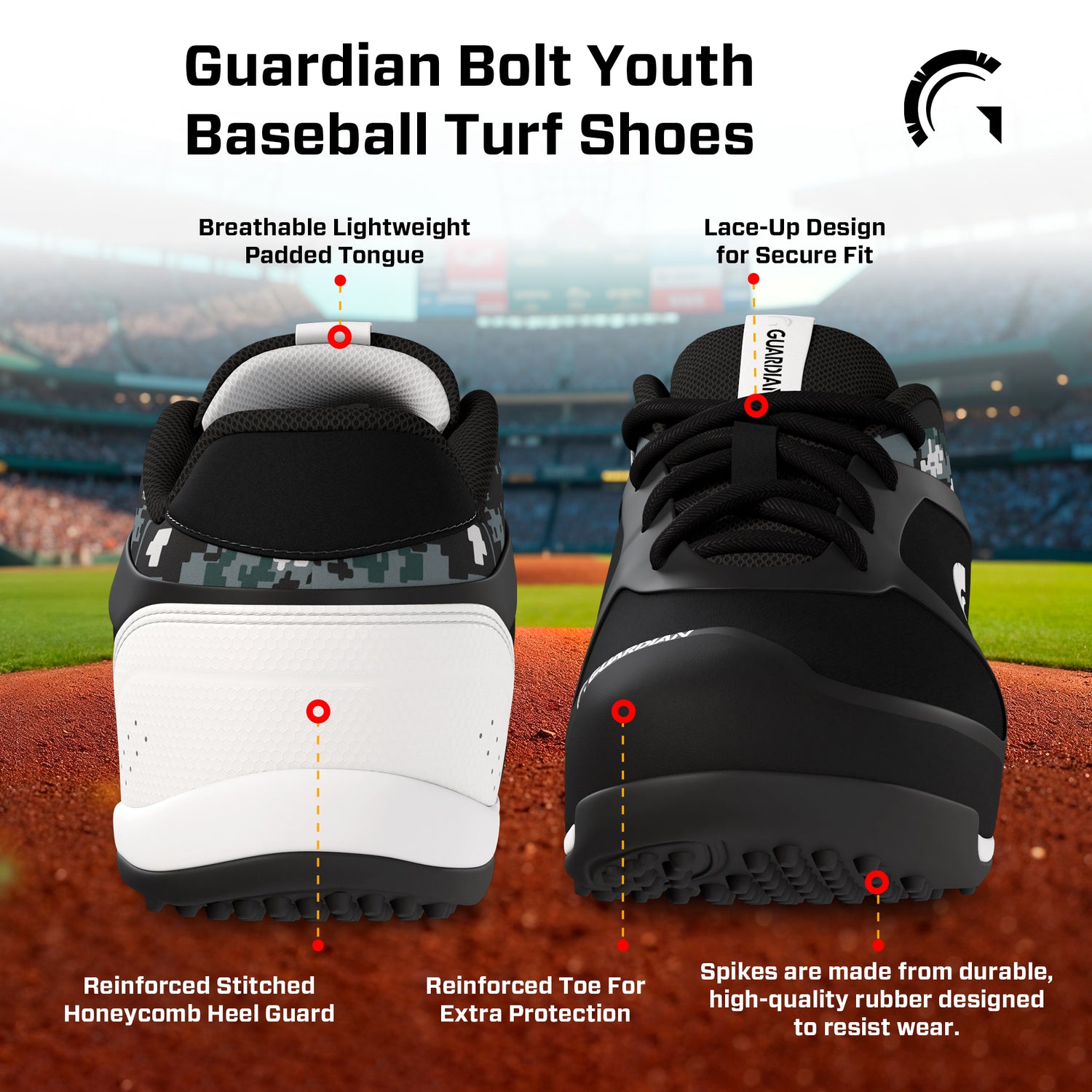 Bolt Youth Low Top Turf Baseball and Softball Shoes (Black/Grey)