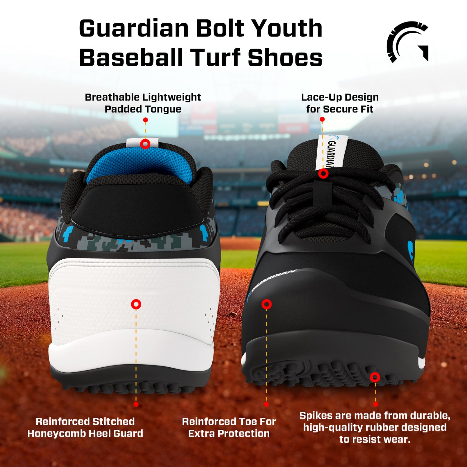 Bolt Youth Low Top Turf Baseball and Softball Shoes (Black/Royal)