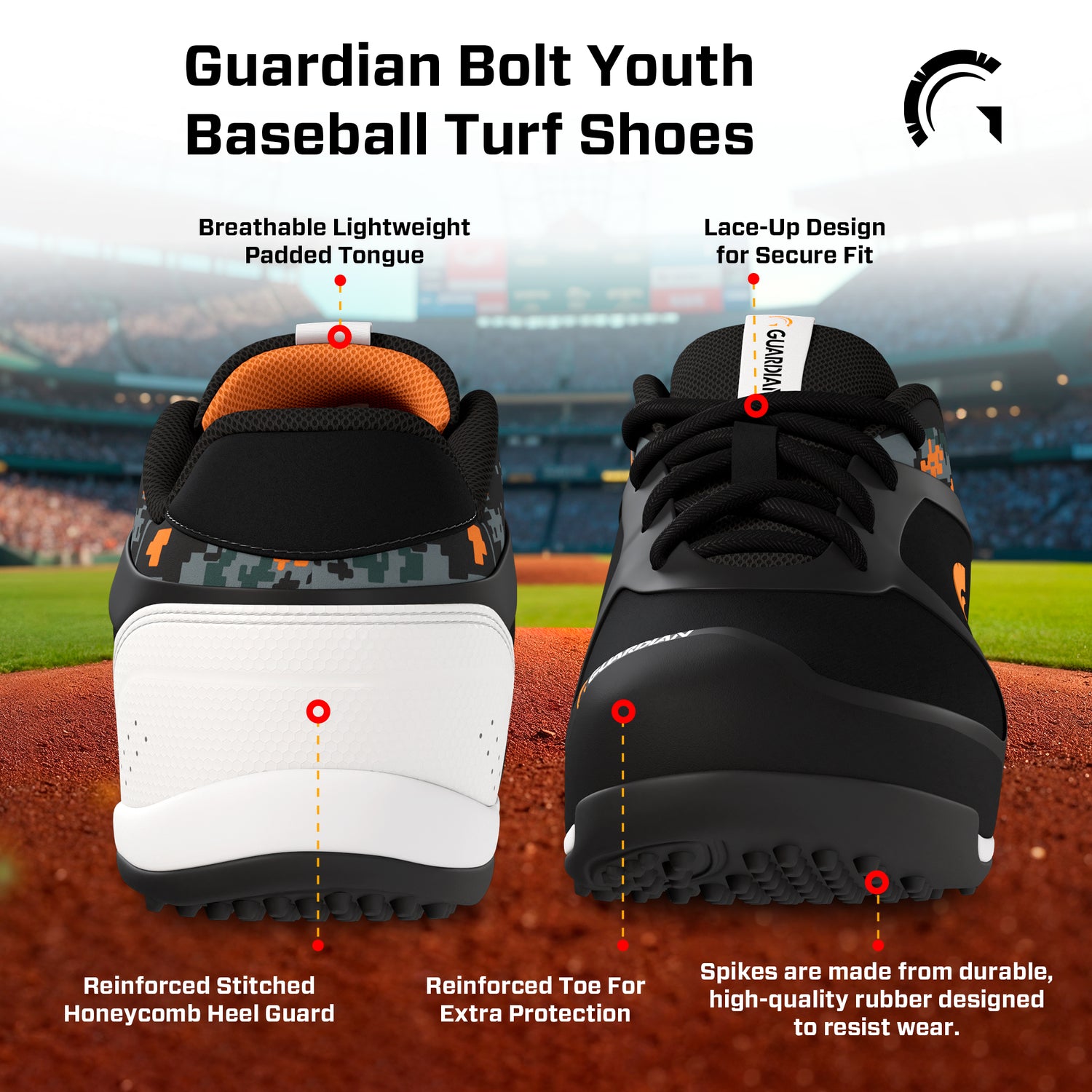 Bolt Youth Low Top Turf Baseball and Softball Shoes (Black/Orange)