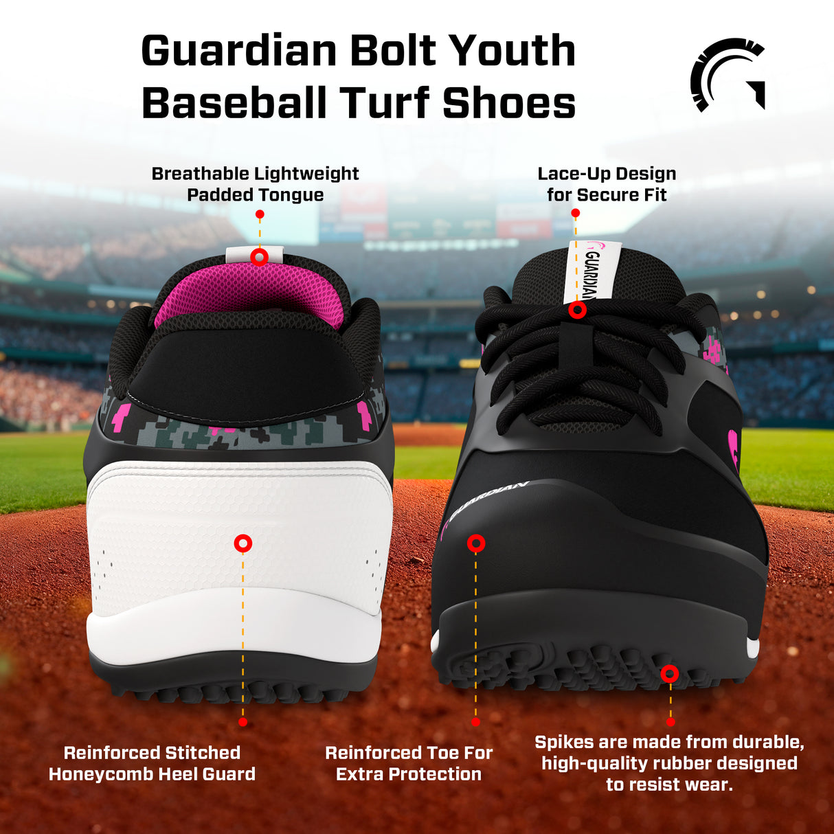 Bolt Youth Low Top Turf Baseball and Softball Shoes (Black/Pink)