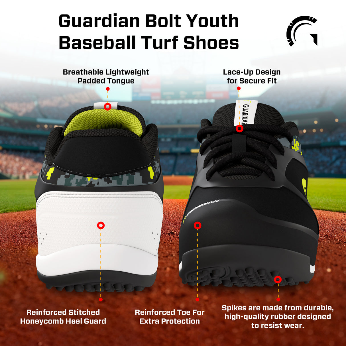Bolt Youth Low Top Turf Baseball and Softball Shoes (Black/Volt)