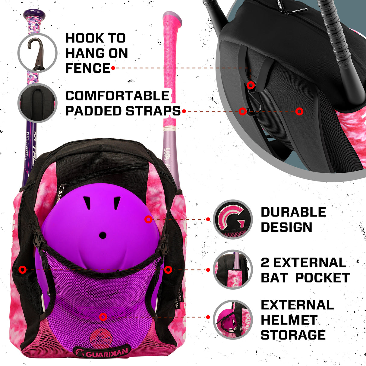 Guardian Baseball Rookie Youth Baseball Bat Bag - Boys or Girls (White/Pink Tie Dye)