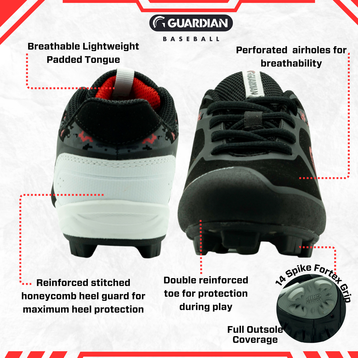 Blaze Youth Low Top Rubber Baseball and Softball Cleats Black Red